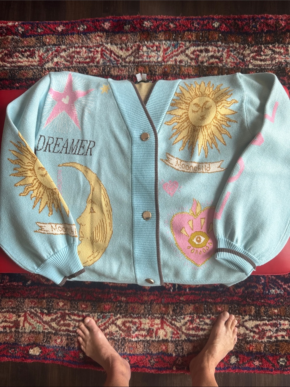 Never Fully Dressed Light Blue Graphic Sun & Moon Button-Front Cardigan